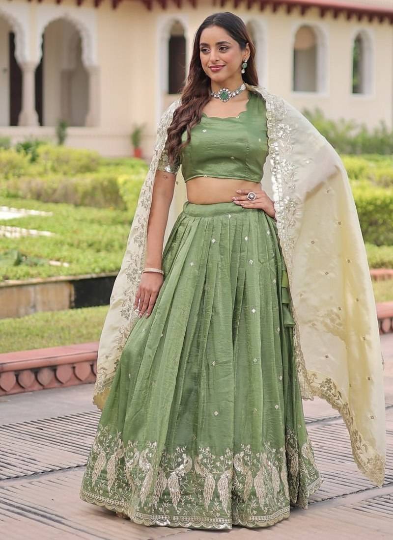 Green Designer Gold Crush Sequins Zari Lehenga with Multi-Thread Blouse Fabric and Heavy Work Lace Dupatta