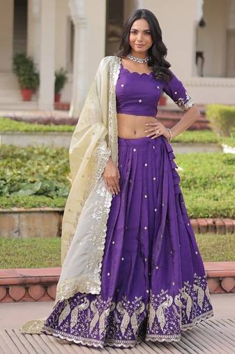Purple Designer Gold Crush Sequins Zari Lehenga with Multi-Thread Blouse Fabric and Heavy Work Lace Dupatta