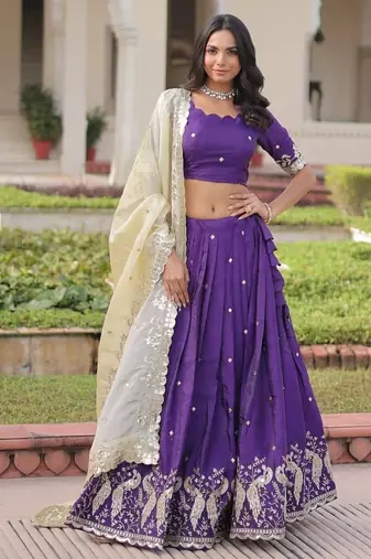 Purple Designer Gold Crush Sequins Zari Lehenga with Multi-Thread Blouse Fabric and Heavy Work Lace Dupatta