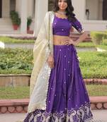 Purple Designer Gold Crush Sequins Zari Lehenga with Multi-Thread Blouse Fabric and Heavy Work Lace Dupatta
