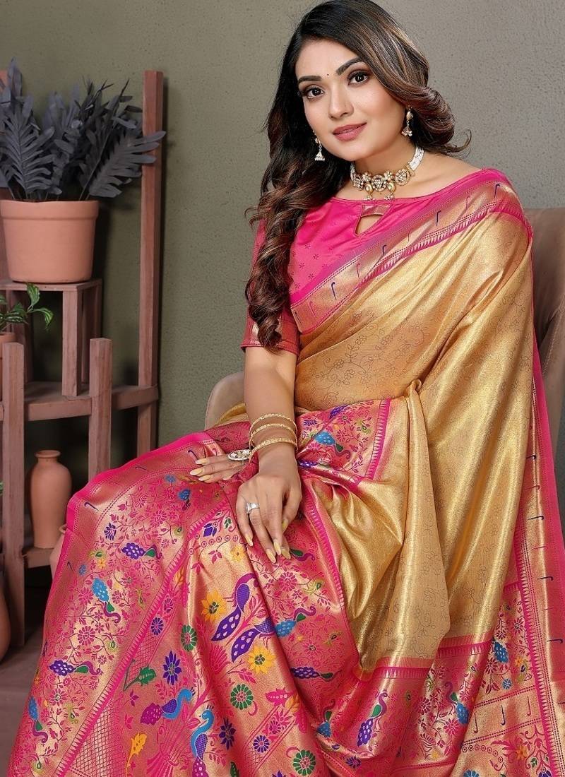 Golden Color Pure Banarasi Tissue Silk Sarees 