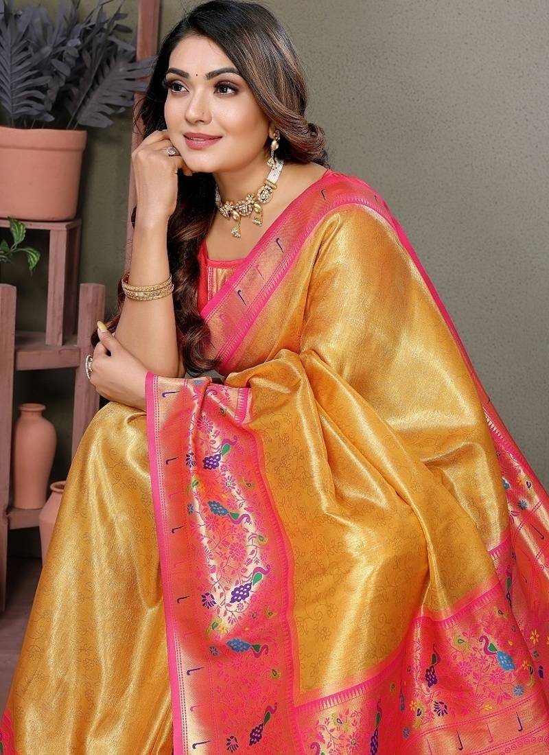 Yellow Color Pure Banarasi Tissue Silk Sarees 