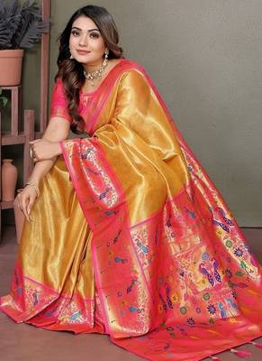 Yellow Color Pure Banarasi Tissue Silk Sarees  2