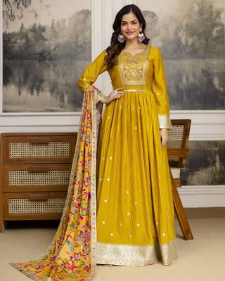 Yellow Art Silk Embroidery Sequence Work Anarkali Kurta Pant with Dupatta 1