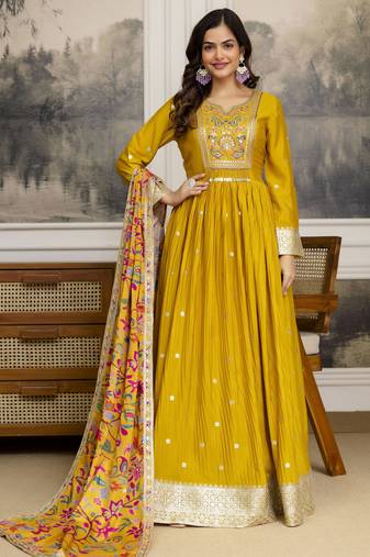 Yellow Art Silk Embroidery Sequence Work Anarkali Kurta Pant with Dupatta