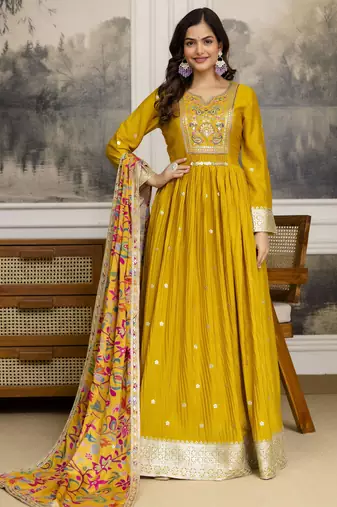 Yellow Art Silk Embroidery Sequence Work Anarkali Kurta Pant with Dupatta
