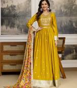 Trendmalls Yellow Art Silk Embroidery Sequence Work Anarkali Kurta Pant with Dupatta