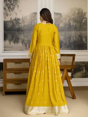 Yellow Art Silk Embroidery Sequence Work Anarkali Kurta Pant with Dupatta 2
