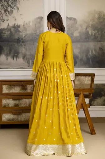Trendmalls Yellow Art Silk Embroidery Sequence Work Anarkali Kurta Pant with Dupatta