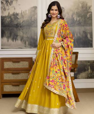 Yellow Art Silk Embroidery Sequence Work Anarkali Kurta Pant with Dupatta 3