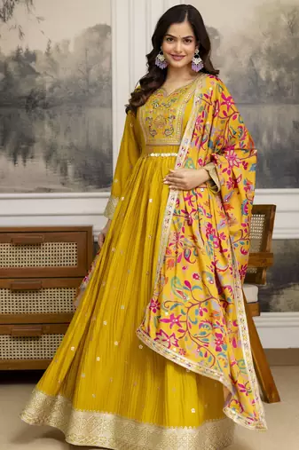 Trendmalls Yellow Art Silk Embroidery Sequence Work Anarkali Kurta Pant with Dupatta