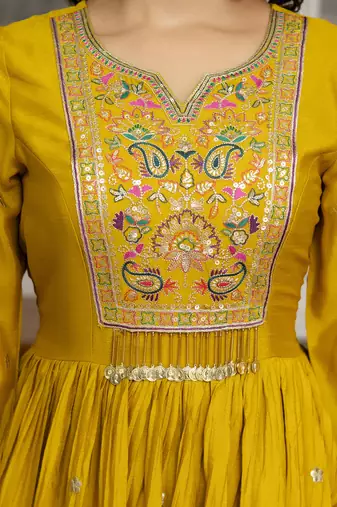 Trendmalls Yellow Art Silk Embroidery Sequence Work Anarkali Kurta Pant with Dupatta
