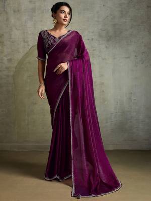 Glowing Purple Chiffon Party Wear Saree With Diamond Work Blouse 1