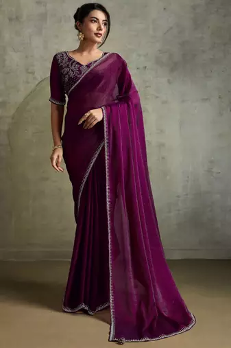 Glowing Purple Chiffon Party Wear Saree With Diamond Work Blouse