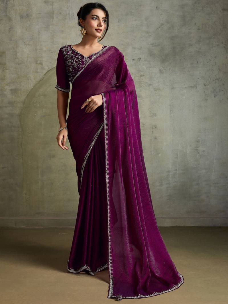 Glowing Purple Chiffon Party Wear Saree With Diamond Work Blouse