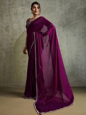 Glowing Purple Chiffon Party Wear Saree With Diamond Work Blouse 2
