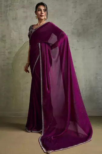 Glowing Purple Chiffon Party Wear Saree With Diamond Work Blouse