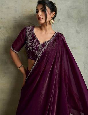 Glowing Purple Chiffon Party Wear Saree With Diamond Work Blouse 3