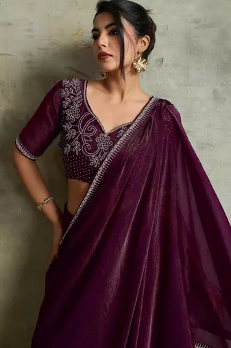 Glowing Purple Chiffon Party Wear Saree With Diamond Work Blouse