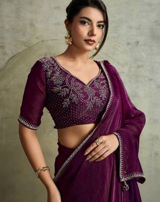 Glowing Purple Chiffon Party Wear Saree With Diamond Work Blouse 4
