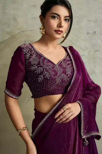 Glowing Purple Chiffon Party Wear Saree With Diamond Work Blouse