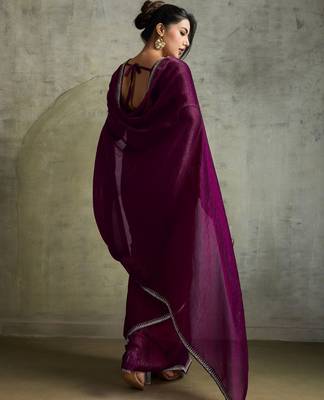 Glowing Purple Chiffon Party Wear Saree With Diamond Work Blouse 5