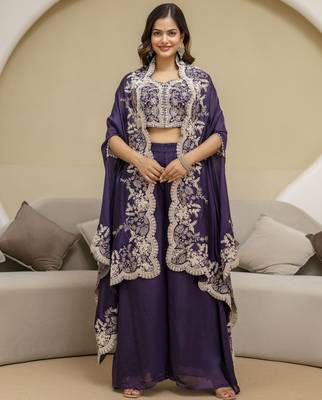 Purple Art Silk Embroidery Crop Top With Palazzo And Shrug Set Ethnic Salwar Suit 1