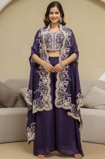Purple Art Silk Embroidery Crop Top With Palazzo And Shrug Set Ethnic Salwar Suit