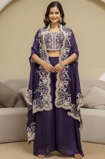 Purple Art Silk Embroidery Crop Top With Palazzo And Shrug Set Ethnic Salwar Suit