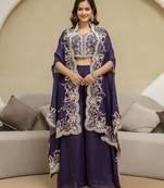 Purple Art Silk Embroidery Crop Top With Palazzo And Shrug Set Ethnic Salwar Suit
