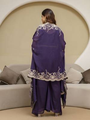 Purple Art Silk Embroidery Crop Top With Palazzo And Shrug Set Ethnic Salwar Suit 2