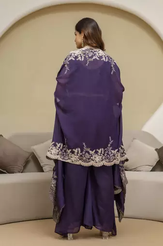 Trendmalls Purple Art Silk Embroidery Crop Top With Palazzo And Shrug Set Ethnic Salwar Suit