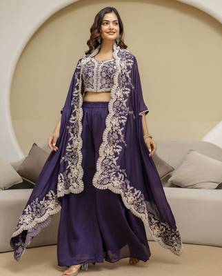 Purple Art Silk Embroidery Crop Top With Palazzo And Shrug Set Ethnic Salwar Suit 3