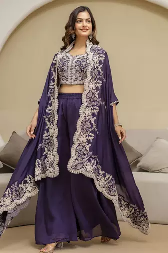 Trendmalls Purple Art Silk Embroidery Crop Top With Palazzo And Shrug Set Ethnic Salwar Suit