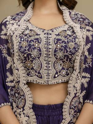 Purple Art Silk Embroidery Crop Top With Palazzo And Shrug Set Ethnic Salwar Suit 4