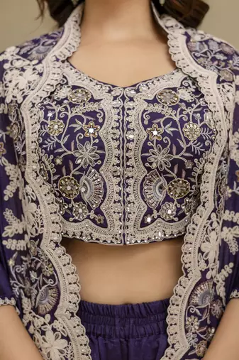 Trendmalls Purple Art Silk Embroidery Crop Top With Palazzo And Shrug Set Ethnic Salwar Suit