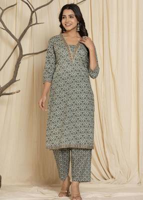 grey cotton kurta set with embroidered floral work 1