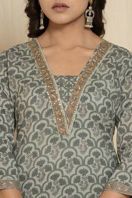 grey cotton kurta set with embroidered floral work 2