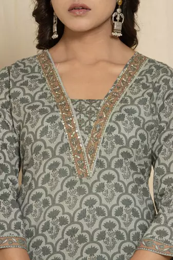grey cotton kurta set with embroidered floral work