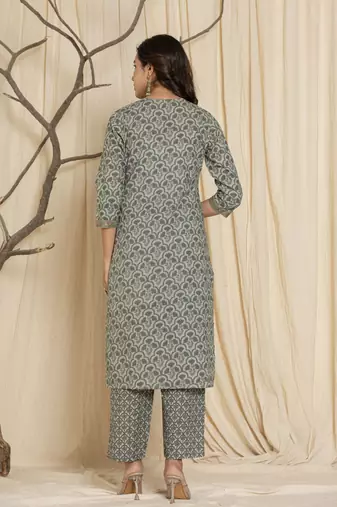 grey cotton kurta set with embroidered floral work