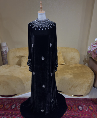 Black Velvet Stitched Kaftan with Heavy Crystal Work & Designer Neckline 1