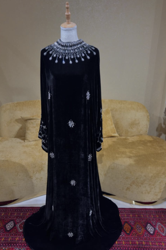 Black Velvet Stitched Kaftan with Heavy Crystal Work & Designer Neckline