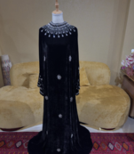 Black Velvet Stitched Kaftan with Heavy Crystal Work & Designer Neckline