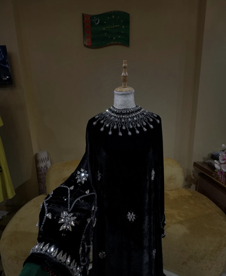 Black Velvet Stitched Kaftan with Heavy Crystal Work & Designer Neckline 2