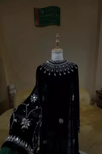 Black Velvet Stitched Kaftan with Heavy Crystal Work & Designer Neckline