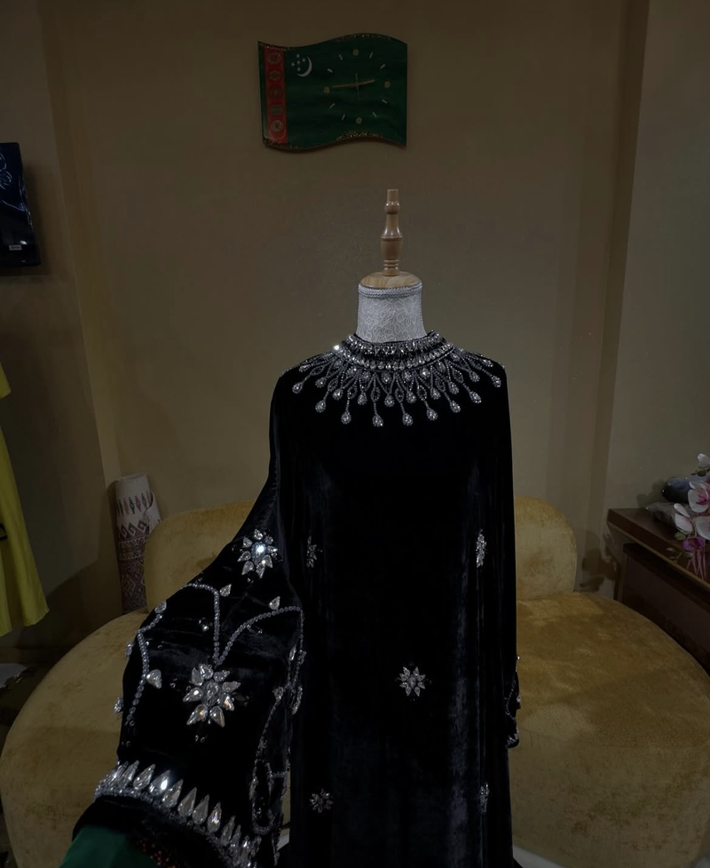 Black Velvet Stitched Kaftan with Heavy Crystal Work & Designer Neckline