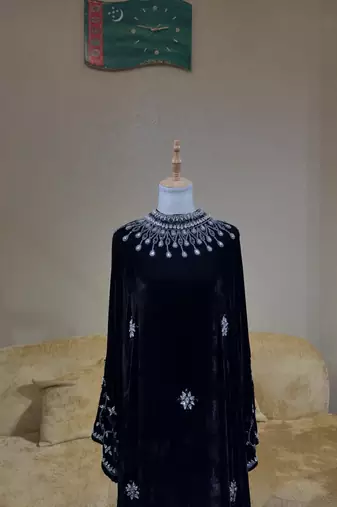 Black Velvet Stitched Kaftan with Heavy Crystal Work & Designer Neckline