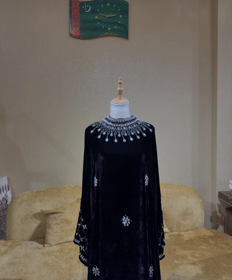 Black Velvet Stitched Kaftan with Heavy Crystal Work & Designer Neckline