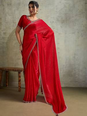 Fantastic Red Chiffon Wedding Wear Saree With Diamond Work Blouse 1