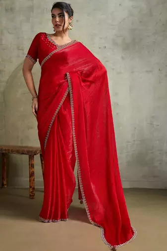 Fantastic Red Chiffon Wedding Wear Saree With Diamond Work Blouse